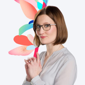 A person standing in ftont of the digital painting mimicing flowers and watching to the camera person