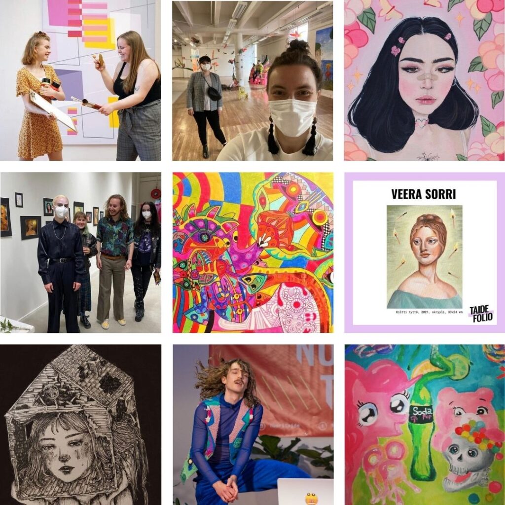 9 pikkukuvaa Nuori Taiteen Instagramtililtä: kuvissa ihmisiä taidtepahtumissa ja taideteoksia