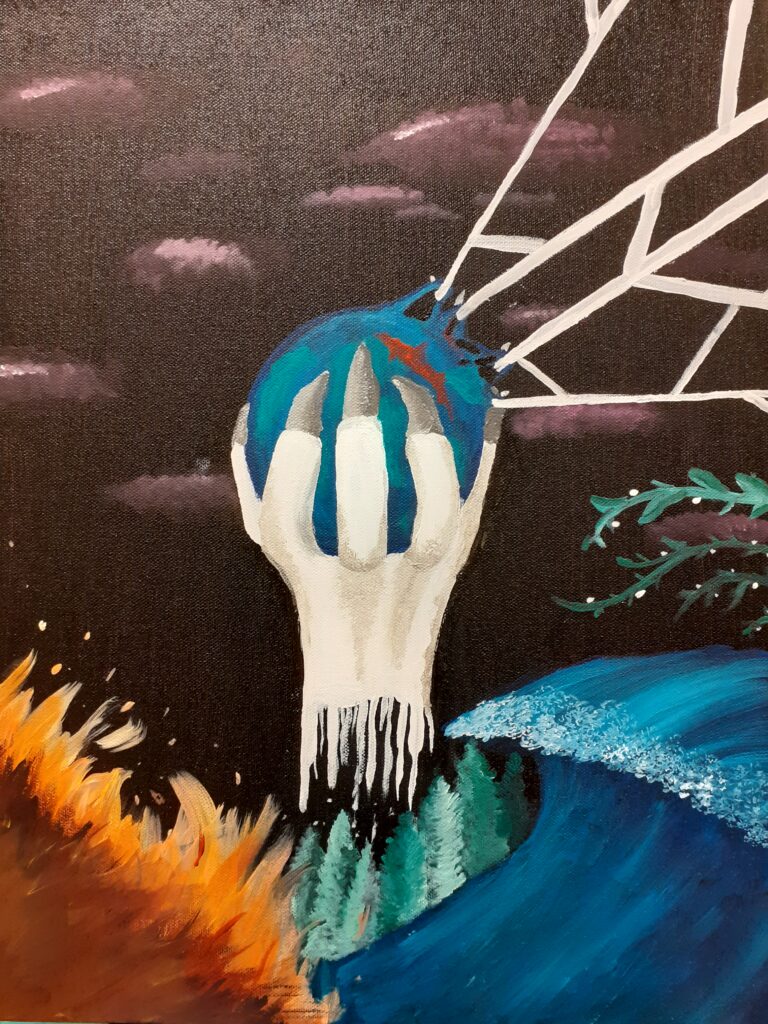 Maalaus, jossa keskellä maapalloa kannattelevä käsi, ympärillä salamia, vettä ja tulta