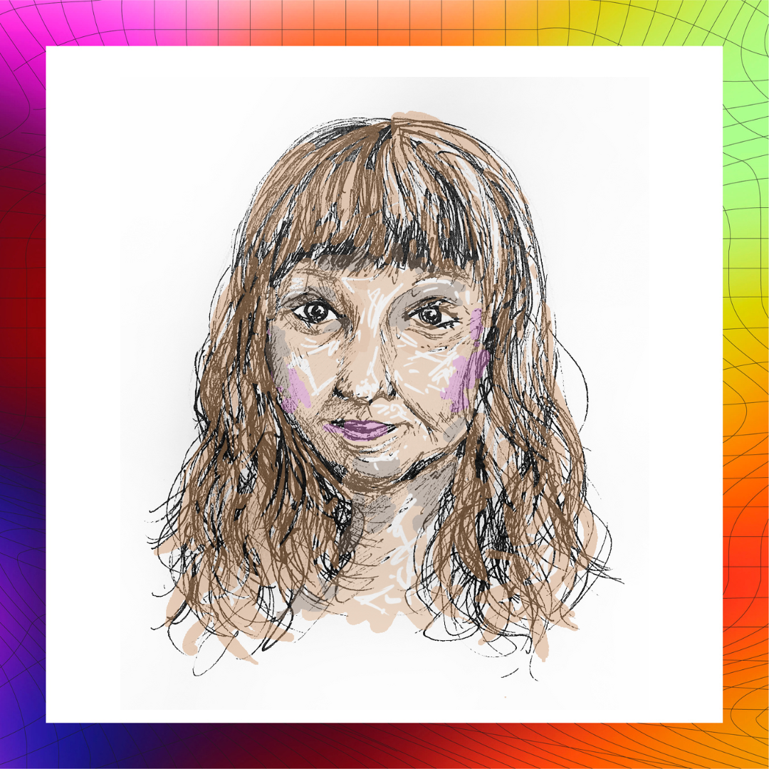 Piirretty pitkäähiuksisen henkilön kahvokuva kehyksissä, joissa ruudukkoa ja kirkkaita värejä