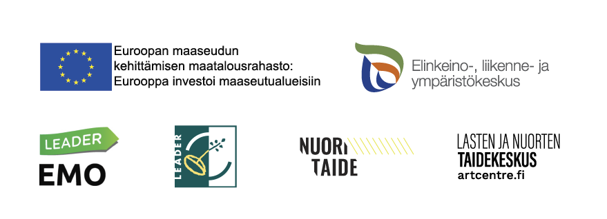 Kuvat hankkeen logoista; Euroopan maaseudun kehittämisen maatalousrahasto, Elinkeino-, liikenne ja ympäristökeskus, Leader Emo, Nuori Taide sekä Lasten ja nuorten taidekeskus