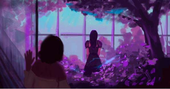 Digitaalinen maalaus, jossa 2 hahmoa selin katsojaan puutarhassa ja takan rakennuksen lasinen ikkuna