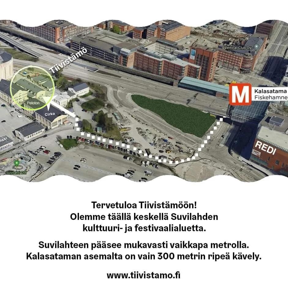 Ilmakuva Suvilahdesta, johon merkitty reitti metroasemalta Tiivistämöön