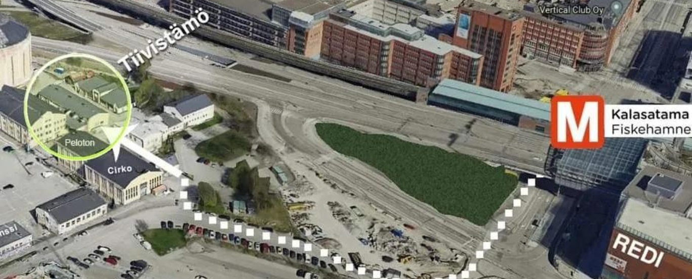 Nuori Taide - uutiskuvake 1367x552 Ilmakuva Suvilahdesta, johon merkitty reitti metroasemalta Tiivistämöön