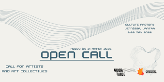 Vaalealla taustalla aaltoilevia viivoja. Päällä teksti: open call group exhibition. 2 logoa: Nuori Taide ja KUlttuuritehdas Vernissa