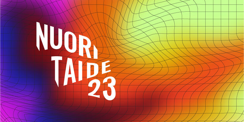 Kirkkaita värejä ja päällä verkko. Verkon päällä teksti Nuori Taide 2023